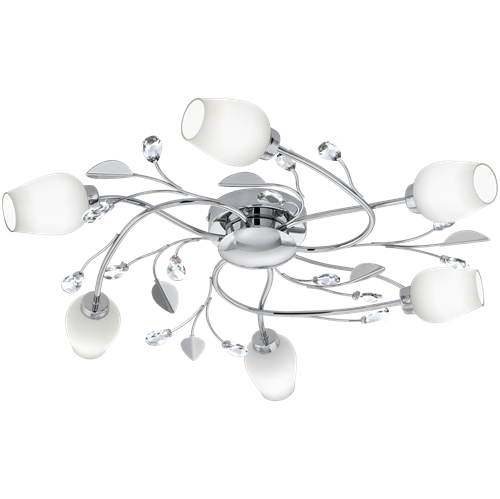 Pitale LED loft lampe i metal Krom med glasskærme i Satineret Hvid og dekoration i Klar Krystal, 6x2,5W LED, diameter 63 cm, høj